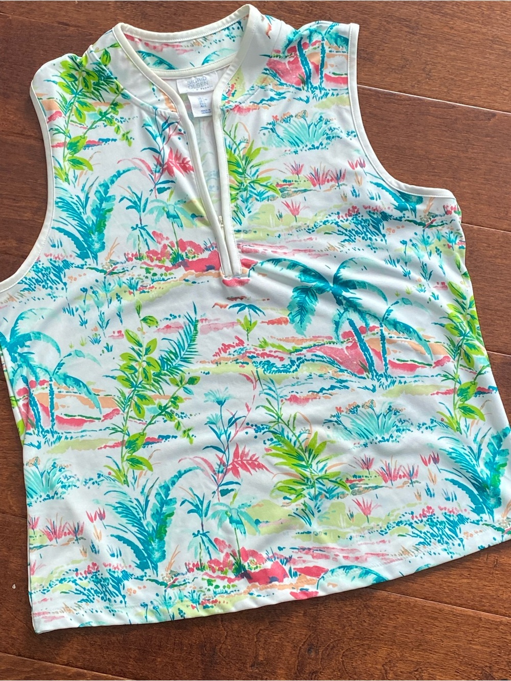 Sigrid Olsen Golf & Tennis Sleeveless Tropical Polo Top Pink Teal Large